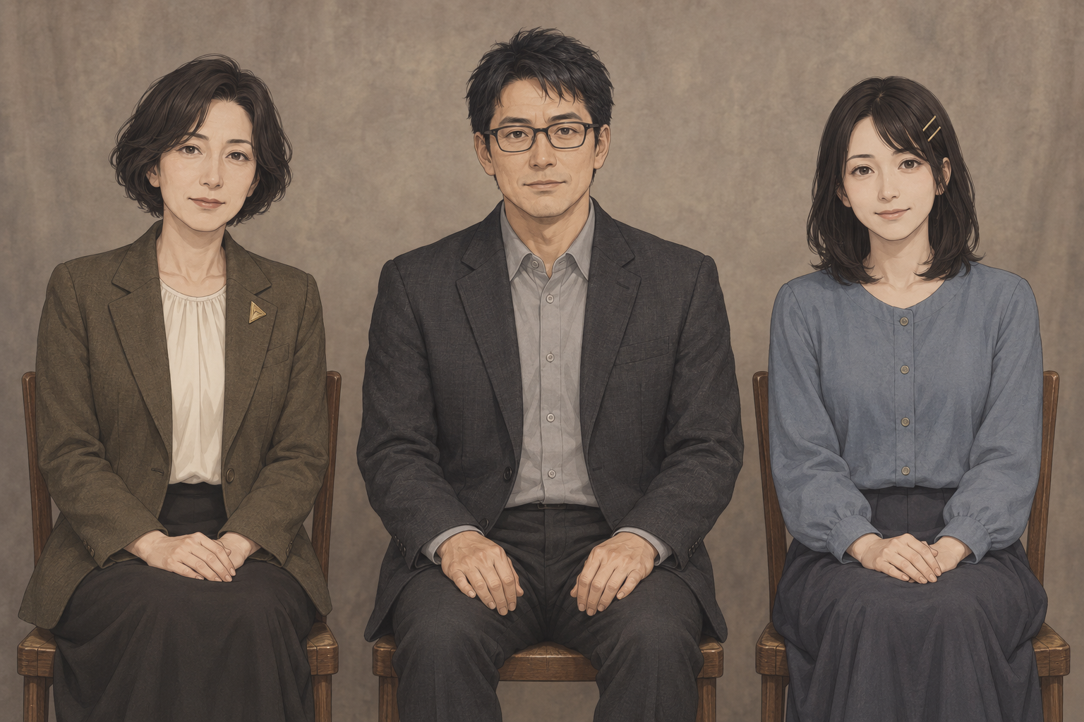 中央に四角い眼鏡の森、左右に二人が座る完成写真